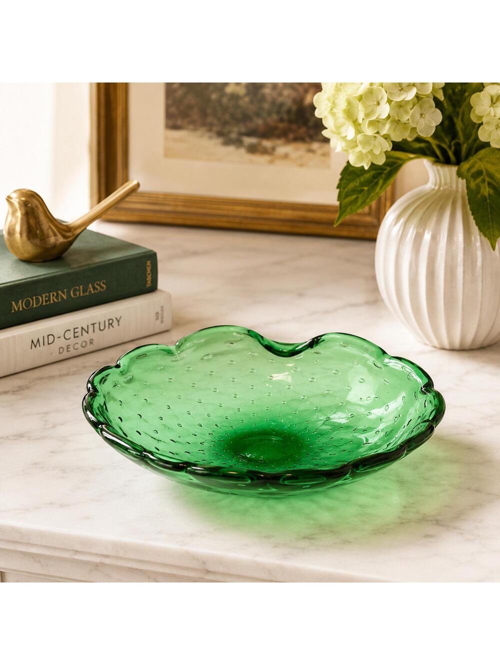 Vintage Green Controlled Bubble Art Glass Murano Style Scalloped Bowl